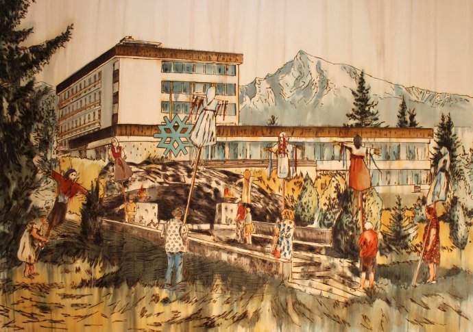 Kult Moreny II. , 170 x 120 cm, pyrografia na preglejke, kolorovaná lazúrami na drevo, 2015.