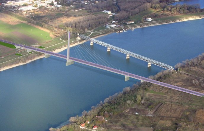 Nový most v Komárne je navrhovaný ako asymetrický s jedným pylónom a so závesnými káblami. Bude na ňom cesta s dvomi pruhmi, chodník i cyklotrasa. Dĺžka mosta bez nájazdov bude 623 metrov. Vizualizácia - Ministerstvo dopravy