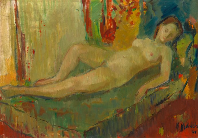 Mária Medvecká: Ležiaci akt, olej na plátne, 48 x 68 cm, 1941.