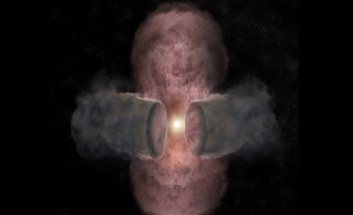 Takto vyzerá priebeh zrodu masívnej hviezdy. Protohviezda začala vytryskovať materiál zo svojich pólov v priebehu 18 rokov. Foto: Bill Saxton / NRAO / AUI / NSF