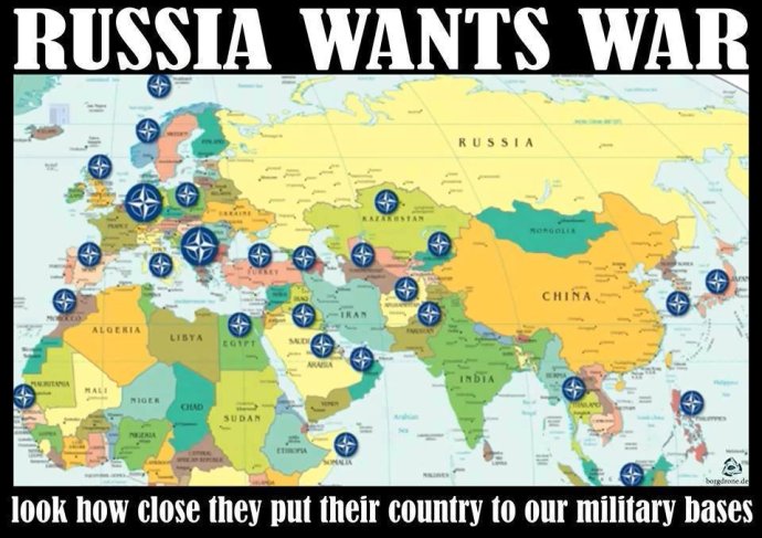 Obľúbený hoax hovorí o tom, že NATO údajne obkľúčilo Rusko svojimi základňami. Realita? NATO ani USA nemajú základne v Kazachstane, Kirgizsku ani v niektorých ďalších krajinách, ktoré sú na mape vyznačené. Naopak v Kazachstane, Kirgizsku či Arménsku má základne Rusko.