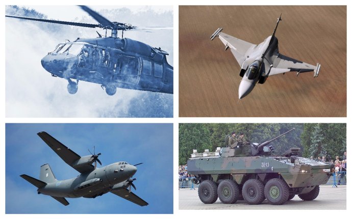 Black Hawk, Gripen, Spartan a Rosomak. Foto - Fotolia, TASR/AP a Wikipedia