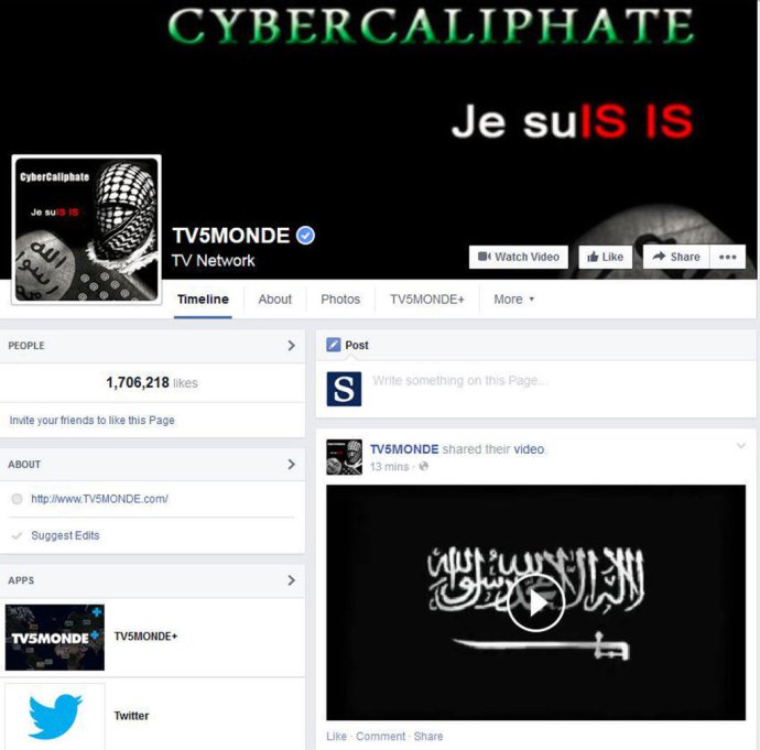 Okrem vyradenia z vysielania sa, sa ruským hakerom podarilo v apríli 2015 napadnúť aj sociálne siete TV5Monde. Celý útok sa tváril ako v réžii kyberkalifátu Islamského štátu. Skutočný útočník bol zrejme skupina APT 28 blízka ruskej tajnej službe GRU. FOTO - TASR/AP