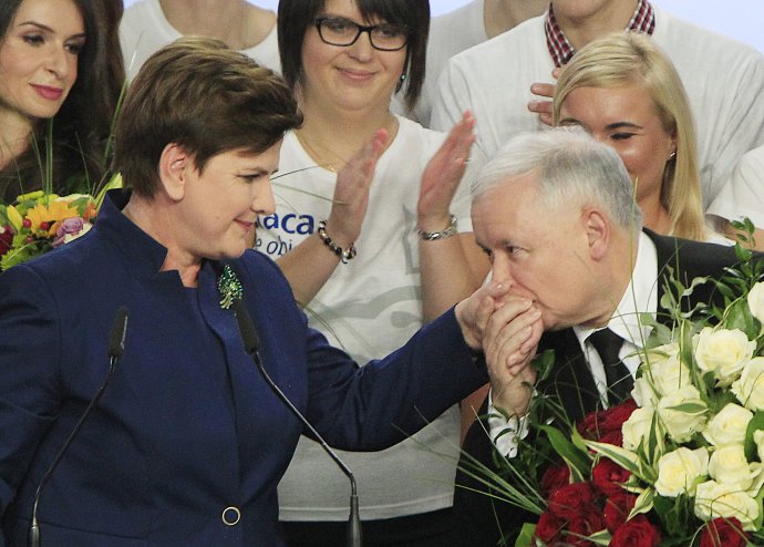 Predseda poľskej konzervatívnej strany Právo a spravodlivosť (PiS) Jarosław Kaczyński bozkáva ruku volebnej líderky PiS Beaty Szydłovej. Foto – TASR/AP