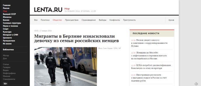 "Migranti v Berlíne znásilňovali dievčatko z rodiny ruských Nemcov," píše ruský server Lenta v titulku.