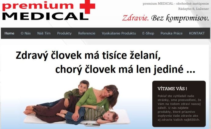 Titulná stránka firmy lákala na heslo Zdravie bez kompromisov. Foto – premium-medical.sk