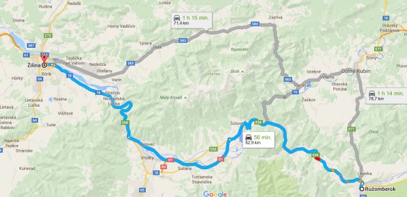 Možné obchádzky na trase Žilina – Ružomberok. Mapa – Google Maps