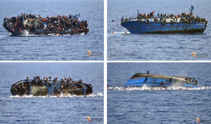 Fotografie talianskeho námorníctva ukazujú, ako sa prevrhla loď s utečencami neďaleko líbyjského pobrežia. Foto – TASR/AP
