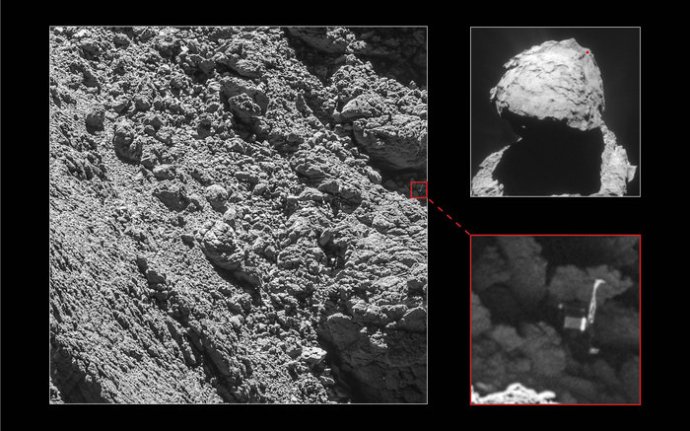 Kompozitný obrázok ukazuje, kde na kométe sa nachádza modul Philae. Foto - ESA/Rosetta/MPS for OSIRIS Team MPS/UPD/LAM/IAA/SSO/INTA/UPM/DASP/IDA