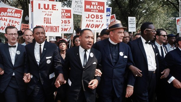Leaders of March on Washington for Jobs & Freedom marching w. signs (R-L) Rabbi Joachim Prinz, unident., Eugene Carson Blake, Martin Luther King, Floyd McKissick, Matthew Ahmann & John Lewis. (Photo by Robert W. Kelley/Time Life Pictures/Getty Images)