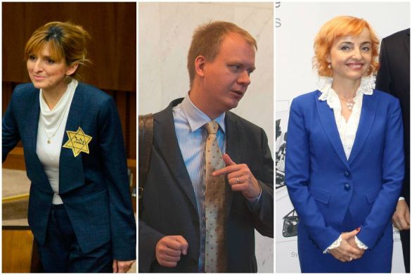 Poslankyňa OĽaNO Viera Dubačová so židovskou hviezdou na protest proti vstupu kotlebovcov do parlamentu, Miroslav Beblavý a Katarína Machačková. Foto - TASR