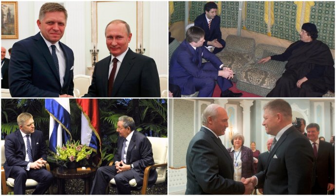 Robert Fico v lete s Vladimirom Putinom, v roku 2007 s Muamarom Kaddáfím, vlani s Raúlom Castrom a v piatok s Alexandrom Lukašenkom. Foto - tasr