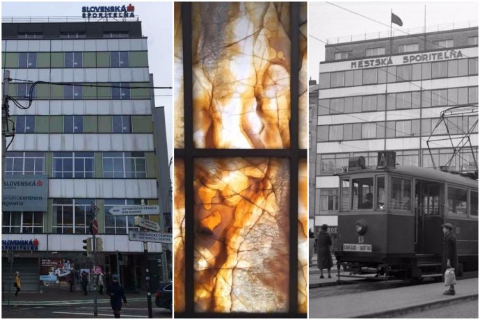 Budova Mestskej sporiteľne dnes a pred druhou svetovou vojnou. V strede je vzácny ónyx z interiéru. Foto - N a imhd.sk