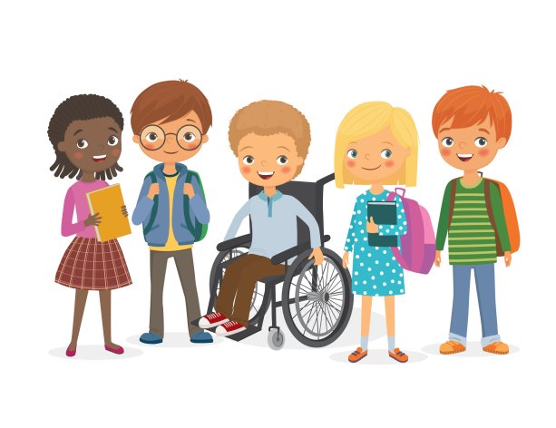 Disabled child in a wheelchair with his friends. Pupils girls and boys. International kids with backpacks and books with his friend, a disabled. Vector illustration