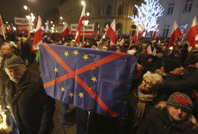 Stúpenci vládnej strany Právo a spravodlivosť protestujú nielen proti médiám ale už aj EÚ. FOTO - TASR/AP