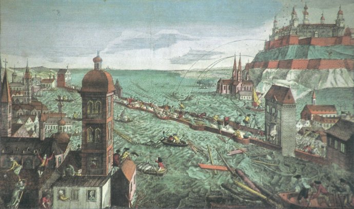 Záplavy v nemeckom Würzburgu v roku 1784. Zdroj – Wikimedia