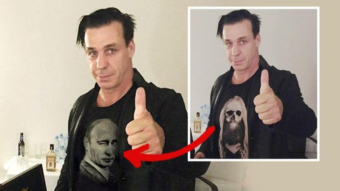 Líder nemeckej kapely Rammstein Till Lindemann sa stal tiež obeťou putinovskej propagandy. Na tričko mu dorobili Putina a citovali ho vymyslenými obdivnými slovami o ruskom prezidentovi. Reprofoto – BILD