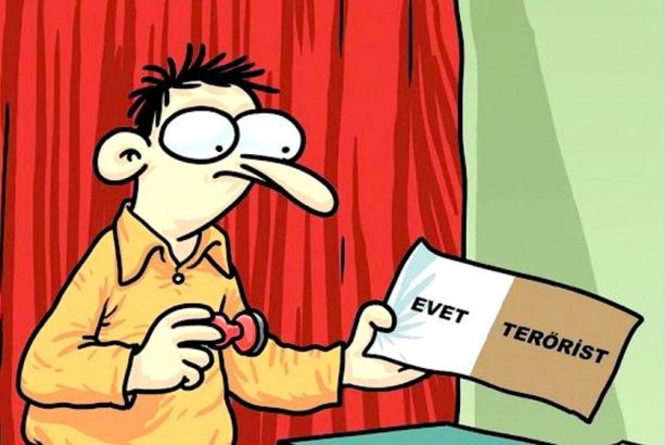 Turecké referendum podľa karikaturistu: EVET / TERÖRİST (Áno / Terorista)