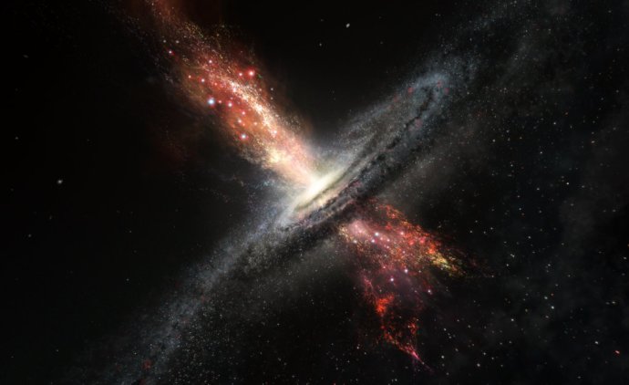 Umelcova predstava galaxie, v ktorej dochádza ku vzniku hviezd v extrémnych podmienkach vetra čiernej diery. Tá sa nachádza v jej strede. Foto – ESO/M. Kornmesser