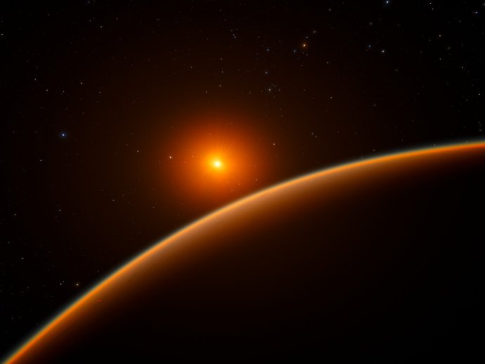 Umelcova predstava hviezdy LHS 1140 a jej exoplanéty LHS 1140b označenej ako "super-Zem". Systém sa od nás nachádza 40 svetelných rokov v súhvezdí Veľryba. Foto - ESO/spaceengine.org