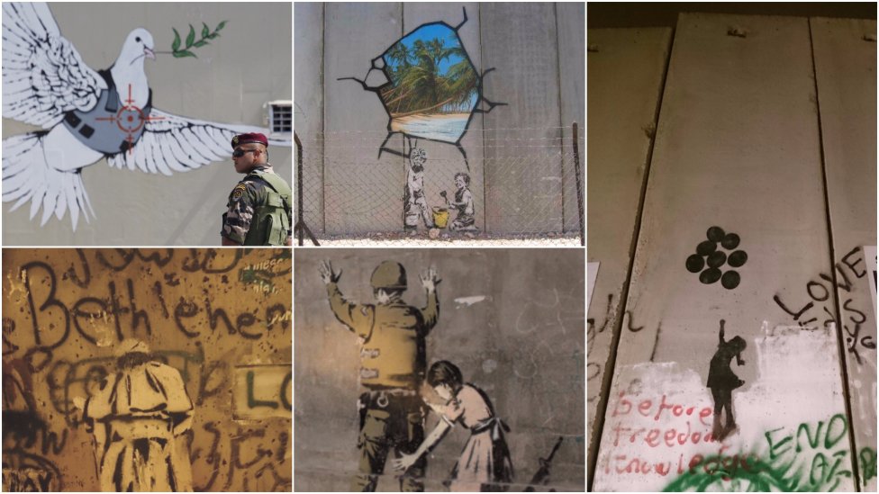 Banksyho kresby v Betleheme. Foto – TASR/AP, Flickr, Wikipédia, N/Juraj Koník