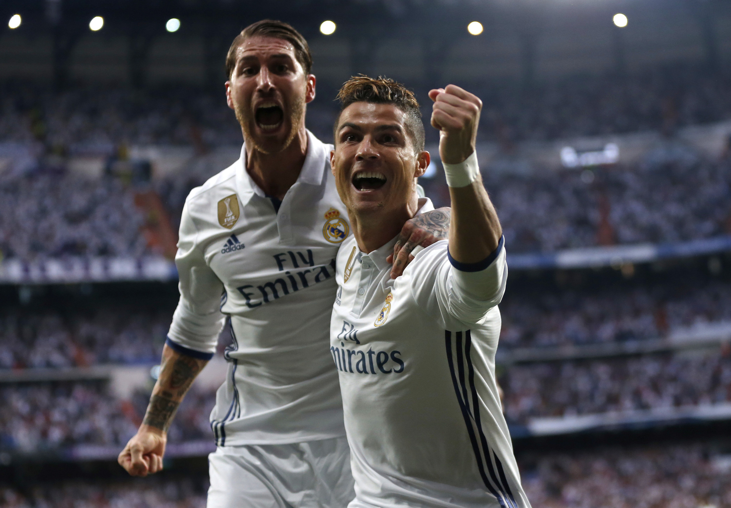Cristiano Ronaldo z Realu Madrid slaví svůj gól v semifinále Ligy mistrů proti...