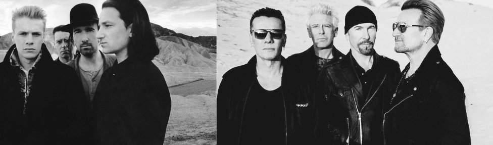 Koľko rozdielov nájdete? Kapela na pôvodnom obale albumu a muzikanti-päťdesiatnici pózujúci k výročiu nahrávky. Foto – U2.com