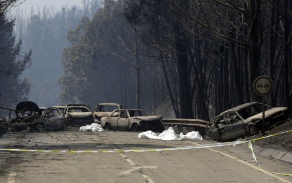 Zhorená krajina a autá lemujúce cestu po veľkom lesnom požiari v Portugalsku. Foto - TASR/AP