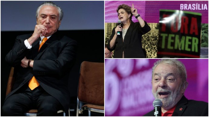 Michel Temer a jeho predchodcovia Dilma Rousseffová a Luiz Inácio Lula da Silva. Foto – TASR/AP, koláž N