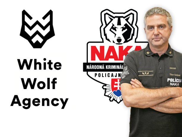 Nájdite rozdiel: Napravo policajný prezident Tibor Gašpar s vlčím logom NAKA na ramene, naľavo logo firmy jeho syna White Wolf Agency.