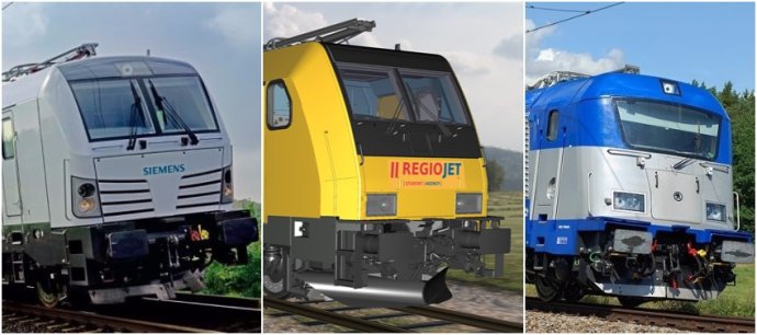 Príklady lokomotív, ktoré by mohli ťahať štátne vlaky: zľava Vectron od nemeckého Siemensu, Traxx od kanadsko-nemeckého Bombardieru a česká Škoda 380.