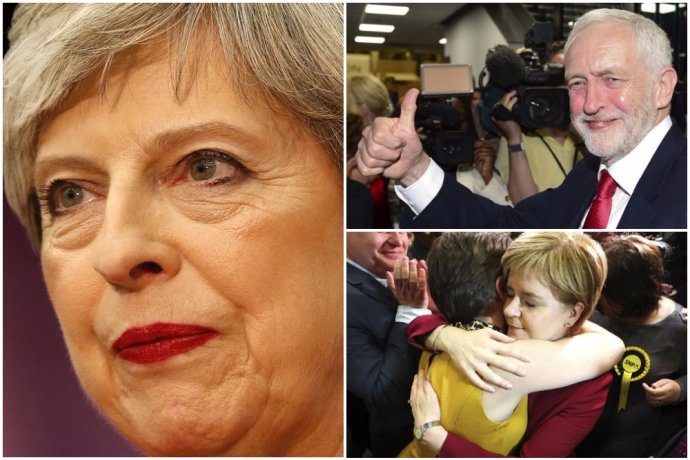 Porazená premiérka Theresa Mayová, líder labouristov Jeremy Corbyn, a šéfka Škótskej národnej strany Nicola Sturgeonová. Foto - ap