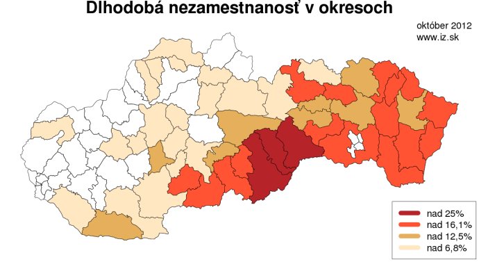 Dlhodobá nezamestnanosť v okresoch po Slovensku. Dáta sú staré, z roku 2012, ale princípy ostávajú. Zdroj: Inštitút zamestnanosti.