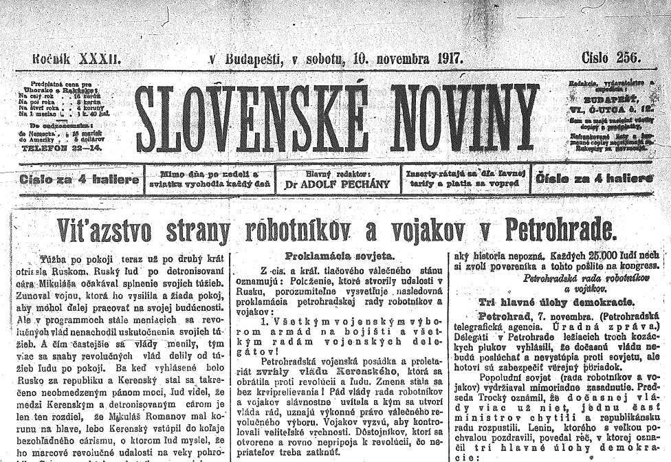 Titulná stránka provládnych Slovenských novín z 10. novembra 1917. Reprofoto - SNK