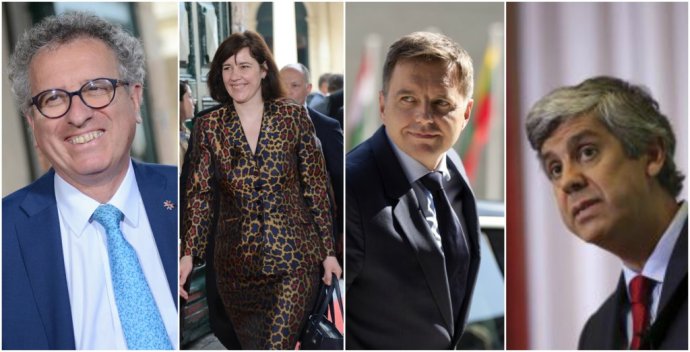 Štyria kandidáti na šéfa euroskupiny, zľava ministri financií Luxemburska, Lotyšska, Slovenska a Portugalska. Foto – AP