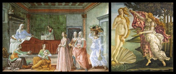 Domenico Ghirlandaio - Narodenie sv. Jána a Sandro Botticelli - Zrodenie Venuše.