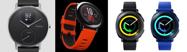 Zľava doprava: Nokia Steel HR (189 €), Amazfit Pace (priamo z Číny už za 76 €) a obidva farebné varianty Samsung Gear Sport (cena klesá k 280 €). Náramky všetkých troch modelov používajú štandardné upínanie, a tak sa dajú k hodinkám dokúpiť aj v ľubovoľnej inej farbe a z ľubovoľného iného materiálu.