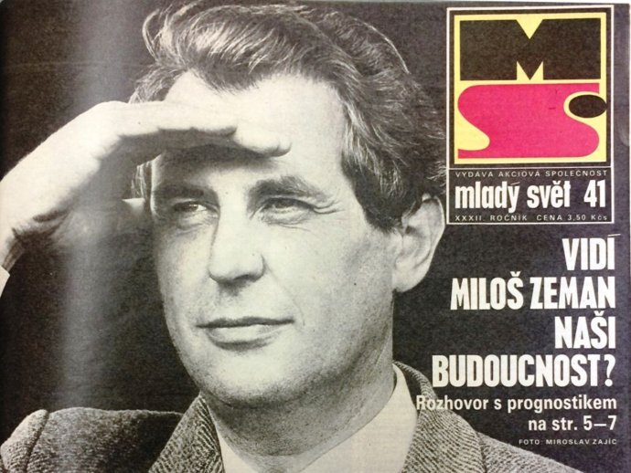 Rešpektovaný prognostik Miloš Zeman na titulke časopisu Mladý svět v roku 1990. Reprofoto - Dominika Pihová/irozhlas.cz