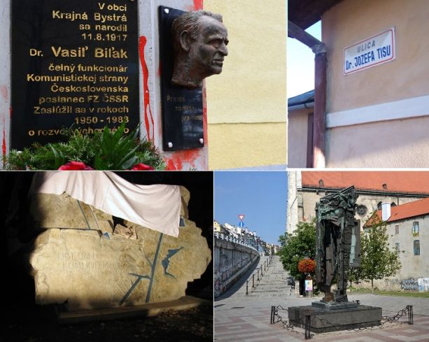 Štyri tváre slovenských pamätníkov: Pamätník Vasiľa Biľaka, Ulica Dr. Jozefa Tisu, Pamätník obetiam komunizmu, Pamätník obetiam holokaustu