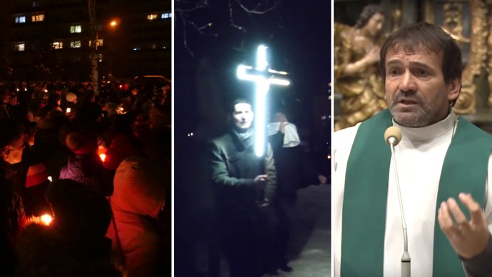 Zábery z pochodu proti Istanbulskému dohovoru v Tvrdošíne a Marián Kuffa počas prejavu v kostole, ktorý bol namierený proti dohovoru. Reprofoto – Slovenský dohovor za rodinu