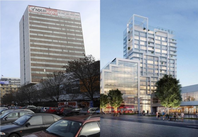 Vľavo súčasná podoba hotela Kyjev, vpravo vizualizácia možnej podoby po rekonštrukcii. Foto – TASR; Lordship