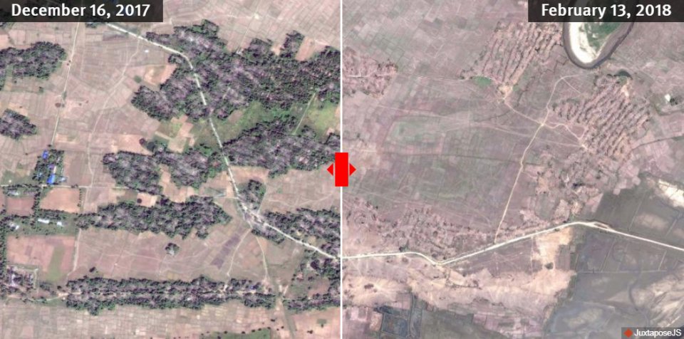 Satelitné zábery pred zničením jednej z dedín a po jej zničení. Zdroj – hrw