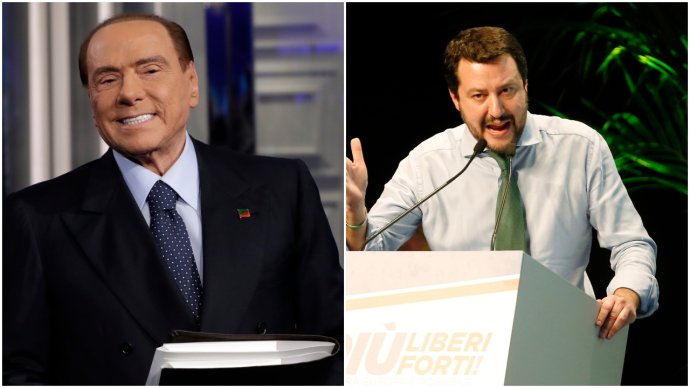 Partneri z volebnej koalície Silvio Berlusconi a Matteo Salvini. Foto – TASR/AP