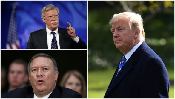 Traja muži, ktorí budú formovať zahraničnú politiku USA: John Bolton, Mike Pompeo a Donald Trump. Foto – TASR/AP