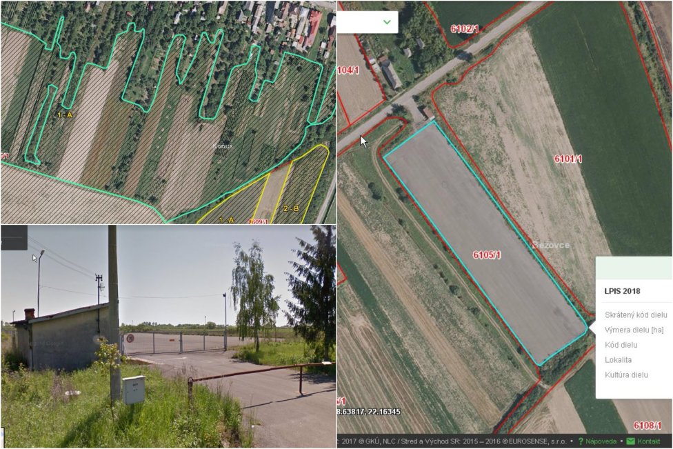 Pozemky, na ktoré brala bývalá poslankyňa Smeru dotácie. Pri jednom z nich aj Google Street View ukazuje, že ide o asfaltovú plochu.