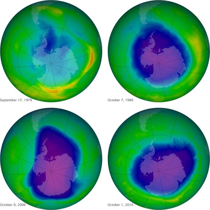 Ozónová diera nad Antarktídou v rokoch 1979, 1989, 2006 a 2010. Foto - tasr/ap