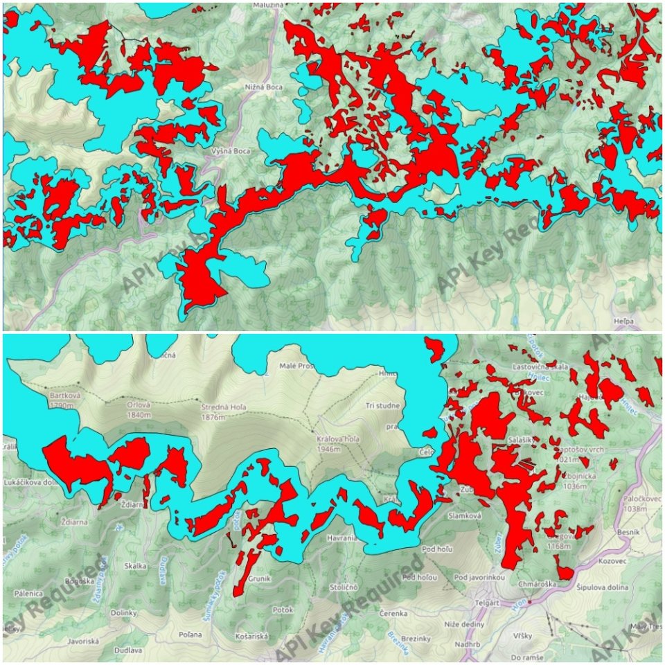 Mapa úbytku lesa v okolí Čertovice (hore) a pod Kráľovou hoľou (dole) – svetlomodrá – biotop hlucháňa, vzácny horský les (požadujeme bezzásahovosť), červená – zdevastované ťažbou. Mapy – My sme les