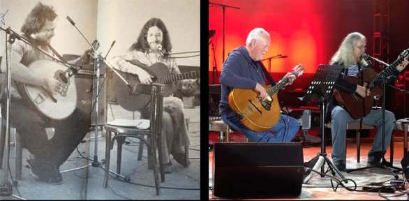 Fedor Frešo a Jaroslav Hutka v pezinskom amfiteátri v roku 1976 a o štyridsať rokov neskôr. Foto – archív FF