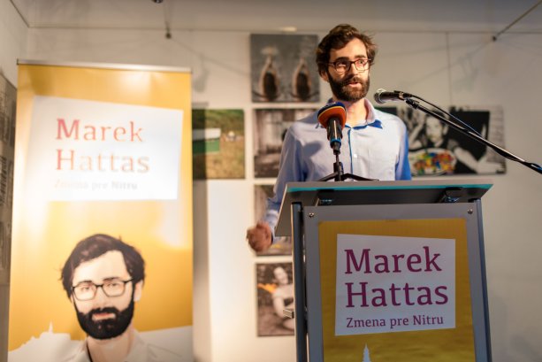 Marek Hattas pri ohlásení kandidatúry na post primátora mesta Nitry. Foto - Roman Oravec, 14.6. 2018 Trafačka
