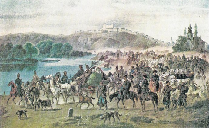 Joseph Heicke: Ruské vojsko pred Pressburgom v roku 1849. V dnešnej Bratislave, v Petržalke pri Pečenskom ramene. Olejomaľba
